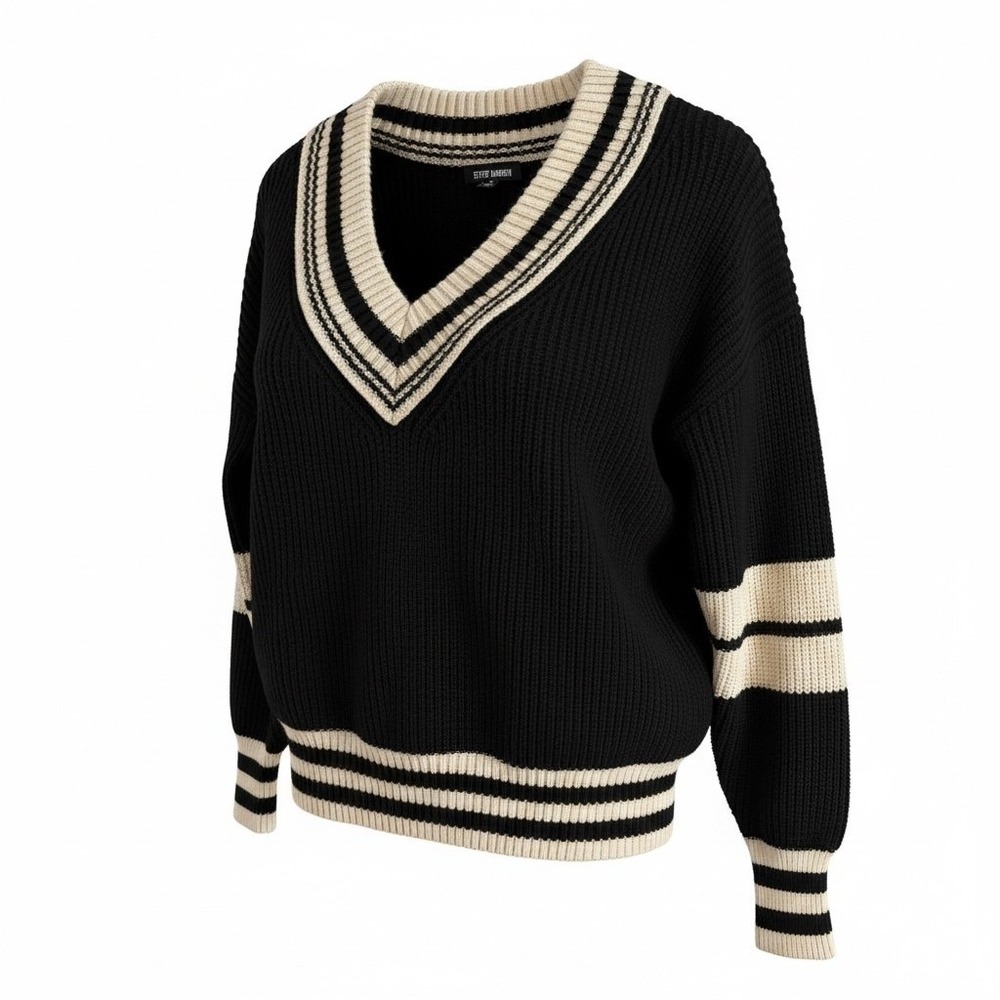 Steve Madden Womens V-Neck Varsity Striped Ribbed Knit Sweater Black ‎ S